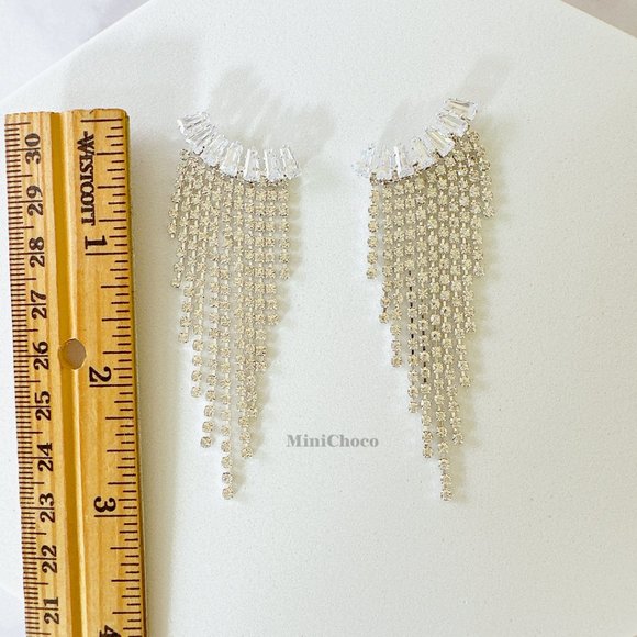 Gold Tone CZ Curved Tapered Baguette Cascading Earrings - Picture 7 of 7